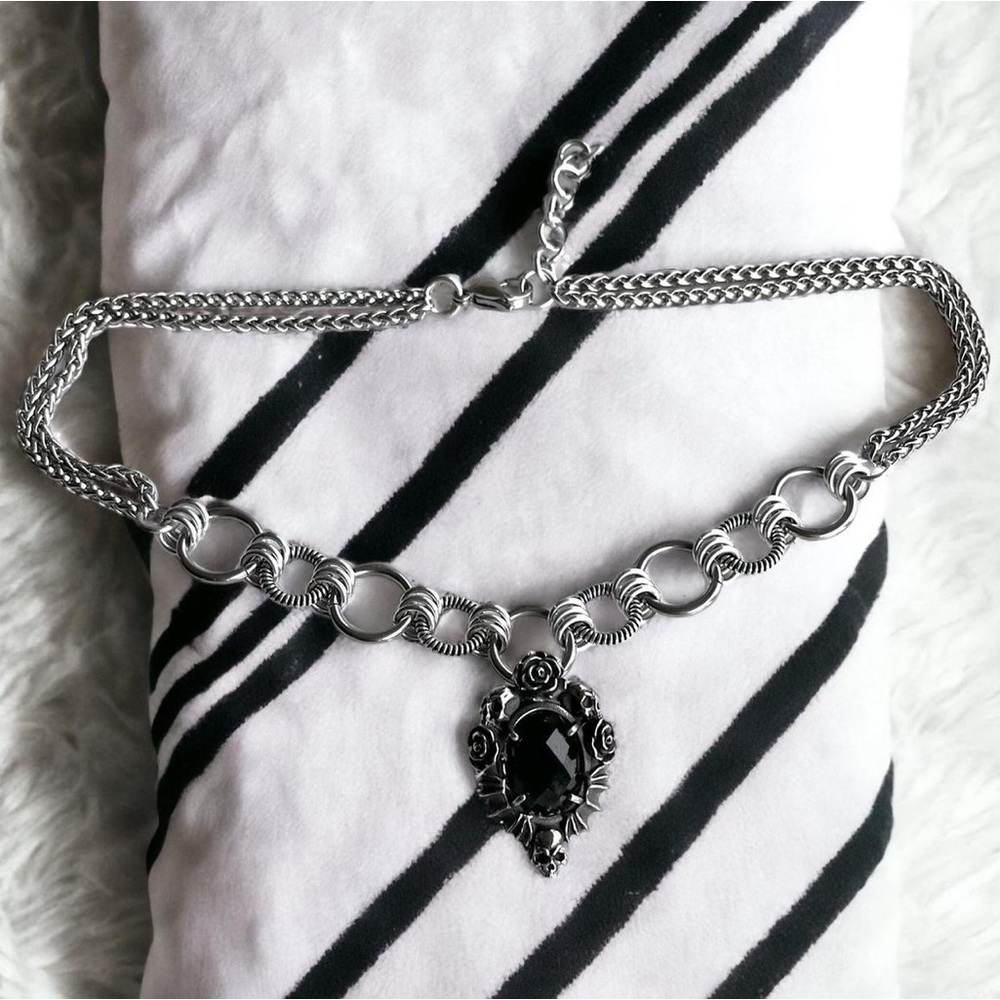 stainless steel necklace double wheat chain onyx stone rose & skull charm - Picture 11 of 13